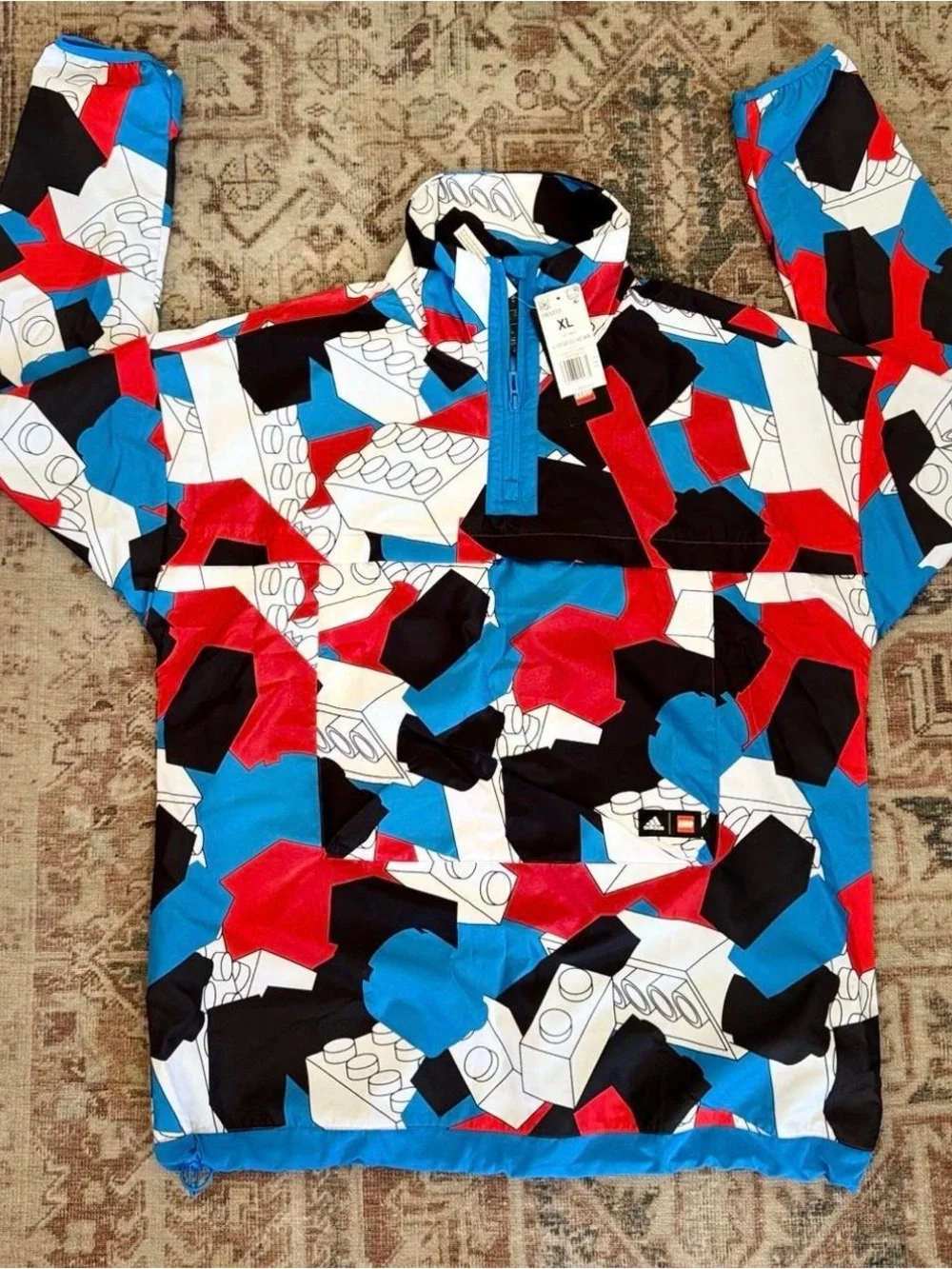 adidas Kids Colorblock Brick-Print Pullover Jacket - Red, Blue, Black, White